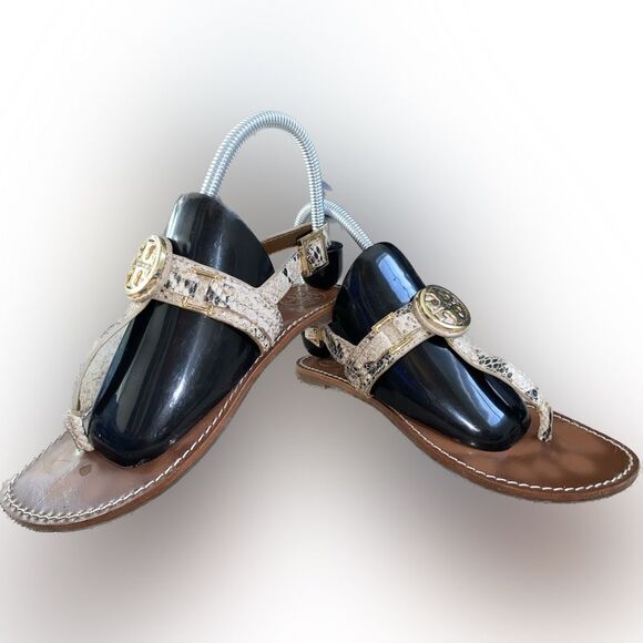 Tory Burch Embossed Snake Print Gold Ankle Strap Leather Sandal Women’s Size 5 - Picture 1 of 7
